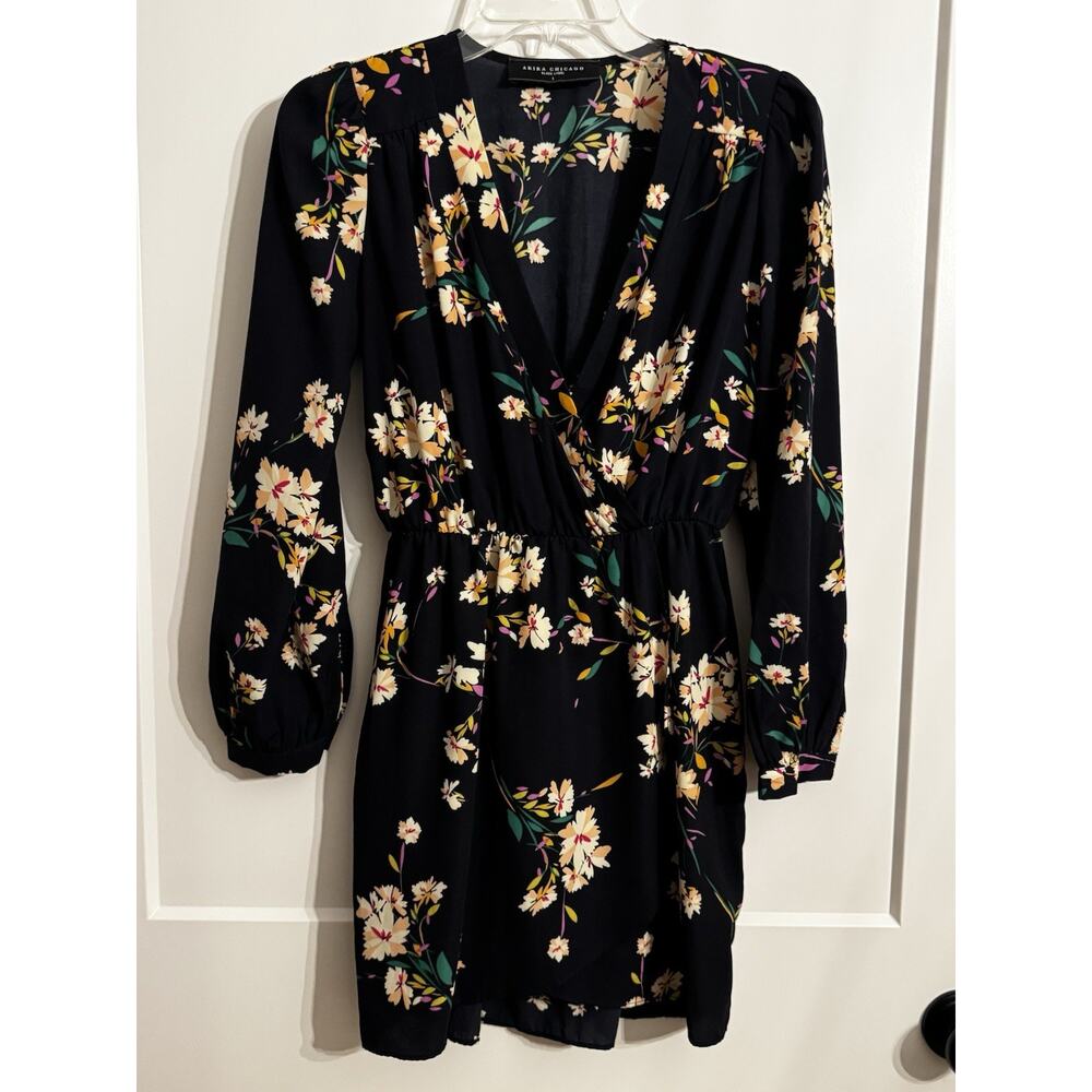 Akira Chicago Black Label Sz S Faux Wrap Floral Mini Dress Wedding Office Prep